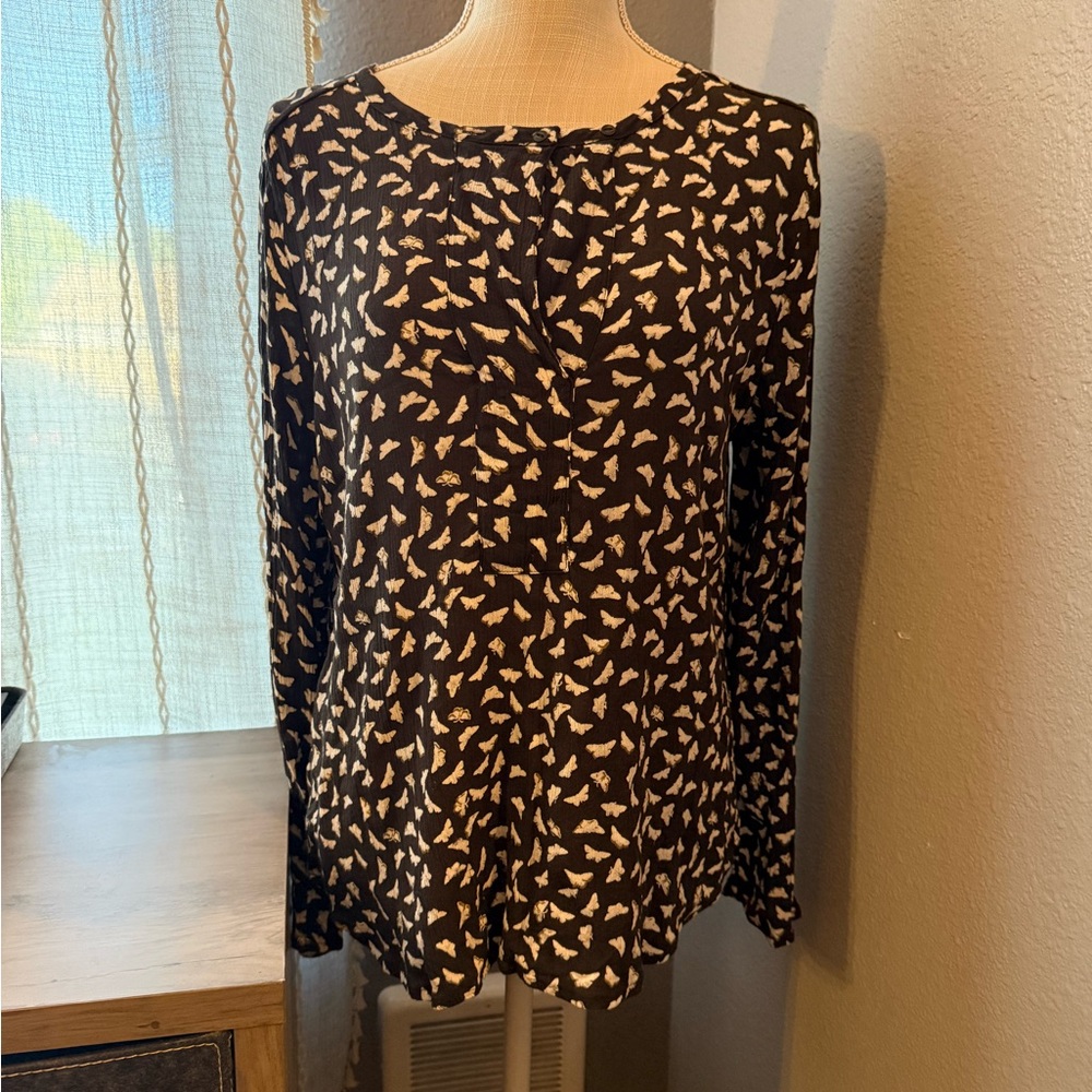 Charcoal Grey Long Sleeve Moth Print Blouse, medium